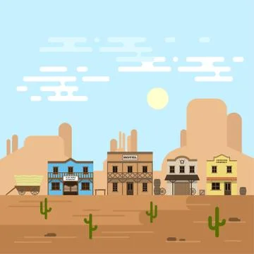 Vector illustration of an old western town in a daytime. Saloon, hotel and ot Stock Illustration