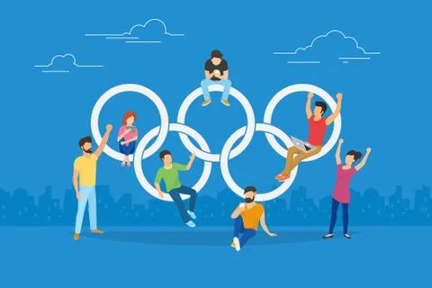 Vector illustration of Olympic rings and happy fans watching live stream Stock Illustration