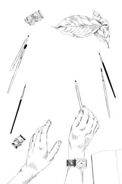 Vector illustration. One hand holding a pencil. Ribbons, leaves, brushes around Illustrazione stock
