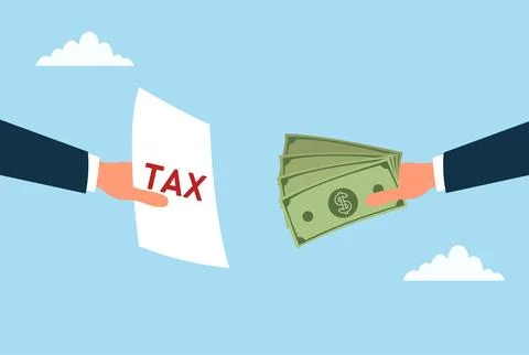 Vector illustration of one hand holding a tax document while another hand pay Illustrazione stock