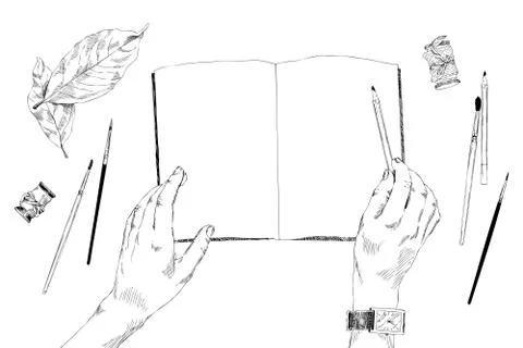 Vector illustration. One hand lies on top of the notebook. On the other hand Stock Illustration