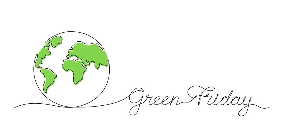 Vector illustration of a one line drawing of planet Earth and Green Friday .. Stock Illustration