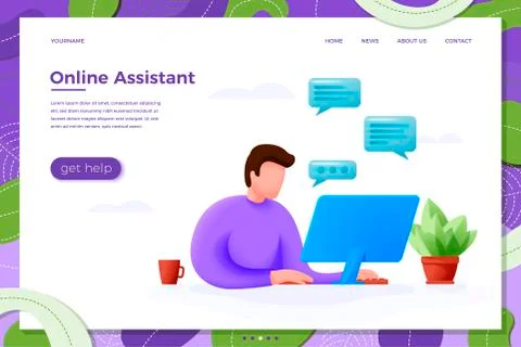 Vector illustration online assistant help concept - cartoon man chatting online Stock Illustration
