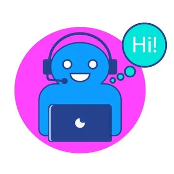 The vector illustration of online chatbot character with computer. Stock Illustration