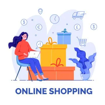Vector illustration, online services concept. Woman doing online shopping. Illustrazione stock