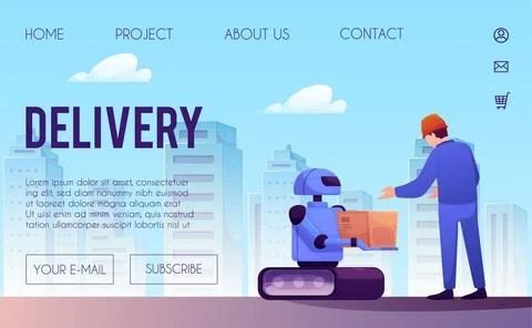 Vector illustration of online store page where robot on wheels passes box to 스톡 일러스트