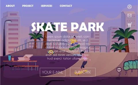 Vector illustration of an online website page with a city skate park. Ilustración de archivo