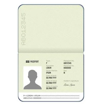 Vector illustration of an open blank passport template with sample personal data Stock Illustration