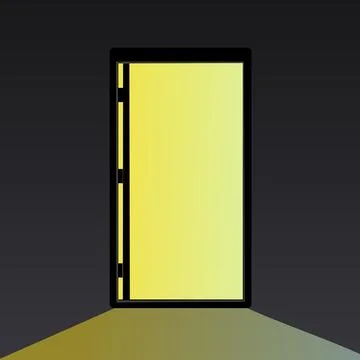 Vector illustration of an open door with a glowing light on a black background Stock Illustration
