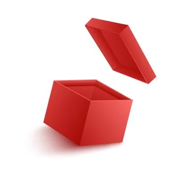 Vector illustration of open empty red paper box with flying cover. Stock Illustration