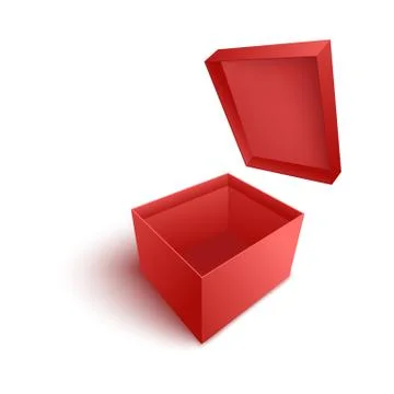 Vector illustration of open empty red paper box with flying cover in realistic Illustrazione stock