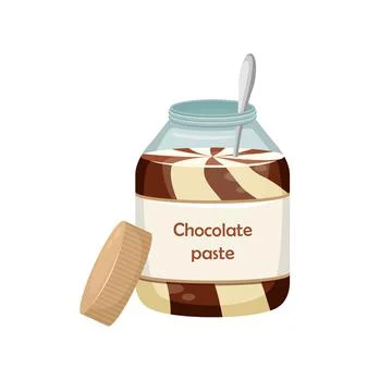 Vector illustration of an open jar of chocolate paste with a spoon inside. Sw Illustrazione stock