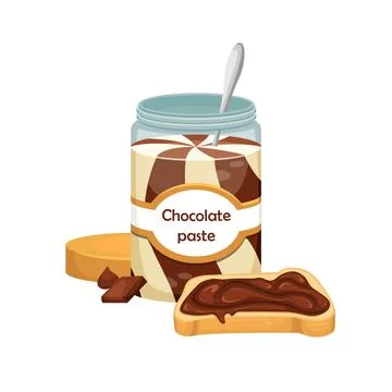 Vector illustration of an open jar of chocolate paste with a spoon inside. Sw 스톡 일러스트