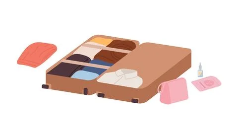 Vector illustration of open suitcase full of clothes, ticket and documents Stock Illustration