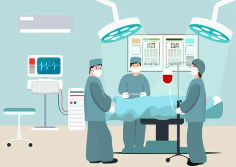Vector Illustration of operating room. Surgeon team at work in operating room Stock Illustration