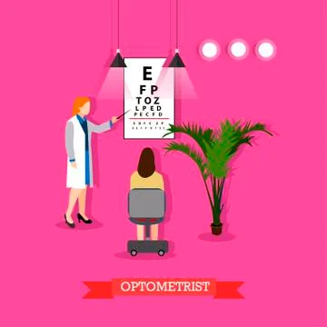 Vector illustration of optometrist checking patients vision in flat style Stock Illustration