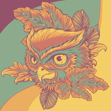 Vector illustration of owl head with leaves Stock Illustration