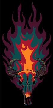Vector illustration of ox skull with flames on black background Illustrazione stock