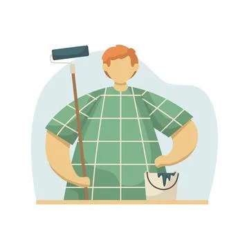 Vector illustration of a painter with a roller and a bucket of paint. Profess Stock-Illustration