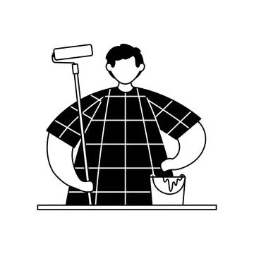 Vector illustration of a painter with a roller and a bucket of paint. Profess Stock-Illustration