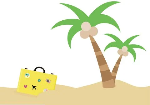 Vector illustration with palm tree, suitcase and sand. Stock Illustration