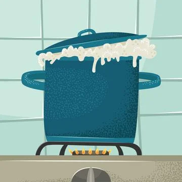 Vector illustration of a pan with boiling liquid on the hob of a kitchen stov Illustrazione stock