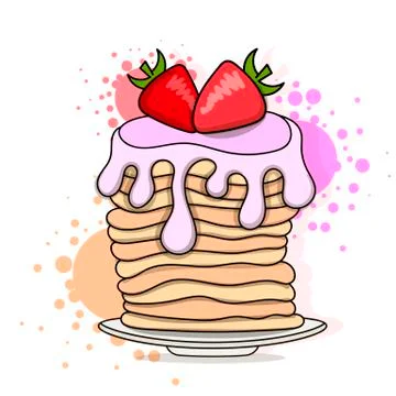 Vector illustration of pancakes. Baking with syrup and strawberries. Ilustración de archivo