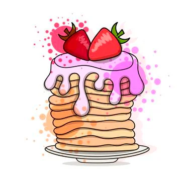 Vector illustration of pancakes. Baking with syrup and strawberries. Ilustración de archivo