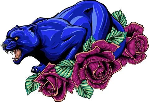 Vector illustration of panther with roses on white background Stock Illustration