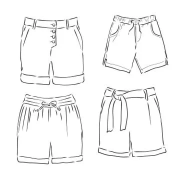 Vector illustration of pants. Front and side views., shorts, vector sketch il Stock Illustration
