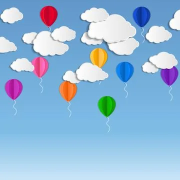 Vector illustration with paper clouds and colored balloons Stock Illustration