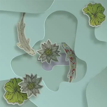 Vector illustration in paper cut style. koi fish, water pond with lotus backg Stock Illustration