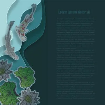 Vector illustration in paper cut style. koi fish, water pond with lotus backg Stock Illustration