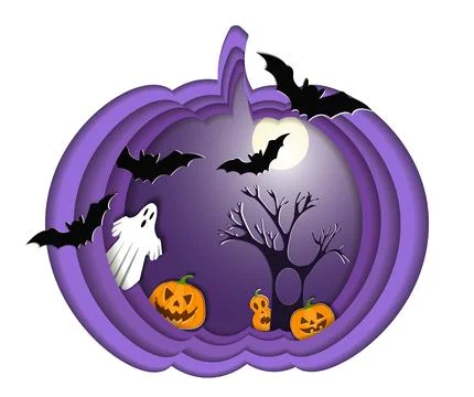 Vector illustration in paper cut style. Halloween, pumpkin lanterns, ghosts and Stock Illustration