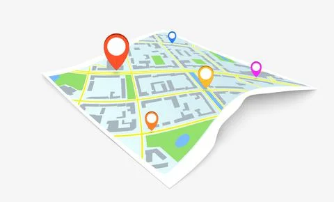 Vector illustration of a paper map of an auto navigator with colored markers Stock Illustration