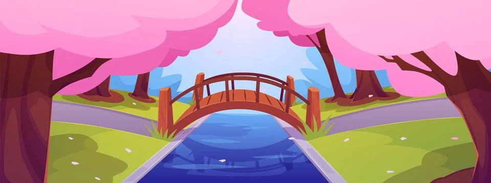 Vector illustration of a park with blooming sakura, road, river and bridge. Stock Illustration
