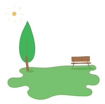 Vector illustration park, sun, grasses, tree and wooden seat. Hand drawn. Ilustración de archivo
