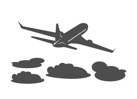 Vector illustration of a passenger plane taking off above the clouds. Stock Illustration