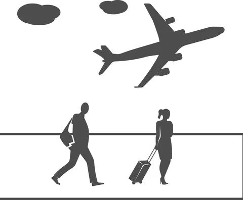 Vector illustration of passengers with suitcases walking through the airport. Stock-Illustration