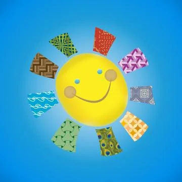 Vector illustration patchwork applique bright, yellow, joyful, smiling sun wi Illustration
