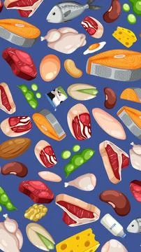 Vector Illustration Pattern of High Protein Foods on Blue Background Stock Illustration