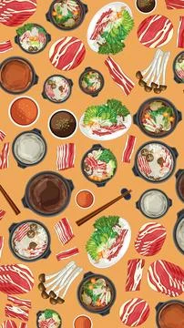 Vector Illustration Pattern of Shabu Shabu Hot Pot and Sliced Beef Stock Illustration