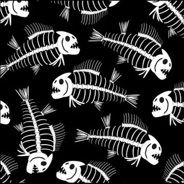 Vector illustration of the pattern of the skeleton of fish on black Stock Illustration