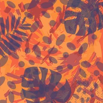 Vector illustration pattern of tropical beach leaves, palm, monstera, orange  Stock Illustration