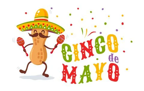 Vector illustration of peanut in sombrero for Cinco de mayo festival. Иллюстрация