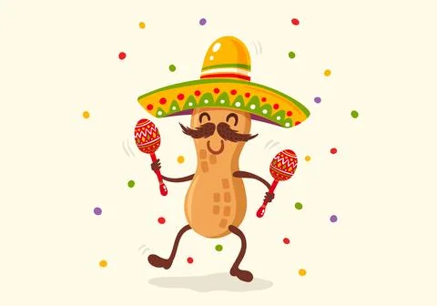 Vector illustration of peanut in sombrero for Cinco de mayo festival. Stock Illustration