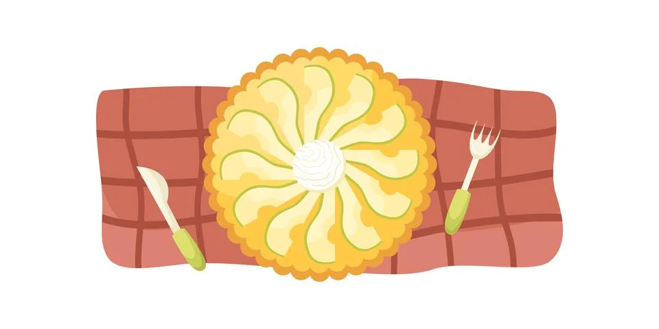 Vector illustration of an pear pie with an ice cream ball on a red tablecloth Stock Illustration
