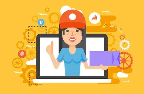 Vector illustration peddler parcels carrier woman packaging box in hand thumbs Illustrazione stock