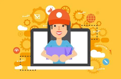 Vector illustration peddler parcels carrier woman packaging box in hand design Stock Illustration