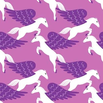 Vector illustration, pegasus repeat pattern design on purple background Illustrazione stock